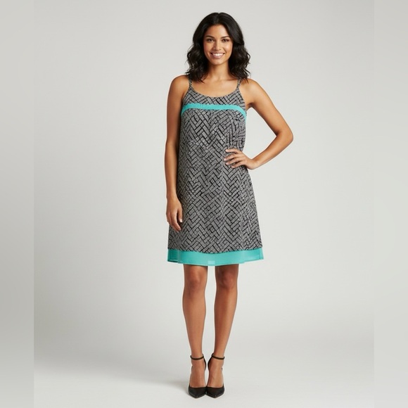 THML Dresses & Skirts - 𝒮𝒶𝓁ℯ Anthropologie Spaghetti Strap Geometric Pattern Bright Teal Color-block Hem